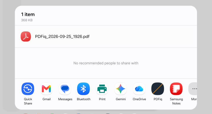 Android's share sheet open over a file list, with pdf-iq among the apps the PDF can be sent
                  to, beside Gmail, Messages, Bluetooth and Print.